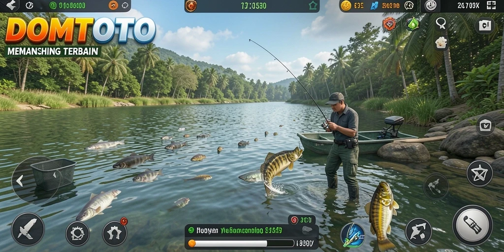 Screenshot DOMTOTO menampilkan aksi seru saat memancing.
