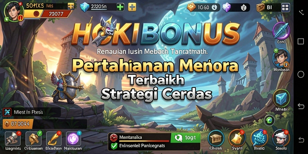 Tangkapan layar HOKIBONUS menampilkan aksi menara mempertahankan basis dari gelombang musuh.