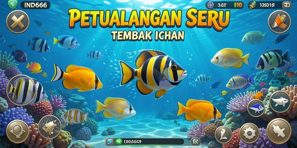 Tampilan gameplay seru dalam IND666 saat menembak ikan berwarna-warni.