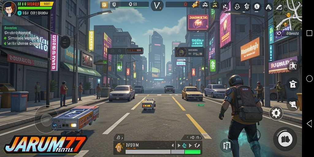 Tampilan gameplay <strong>JARUM77</strong> yang menampilkan interaksi karakter penuh warna.