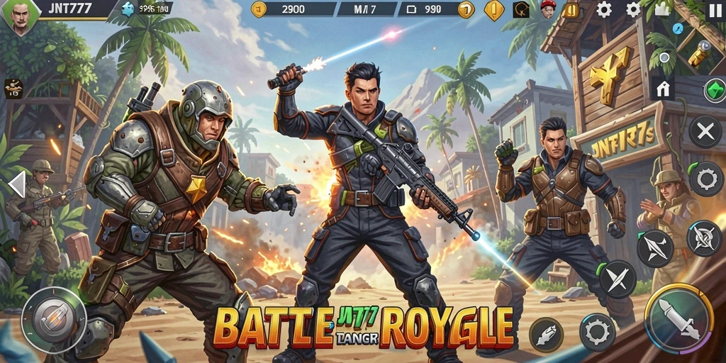 Screenshot menampilkan aksi mendebarkan dalam gameplay Battle Royale JNT777.