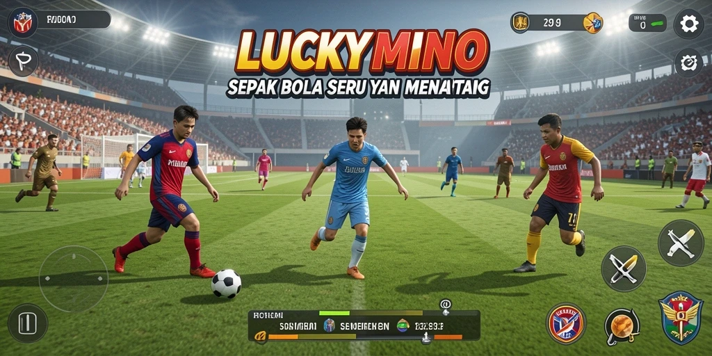 Gameplay seru LUCKYMINO yang menampilkan pertandingan sepak bola intens.