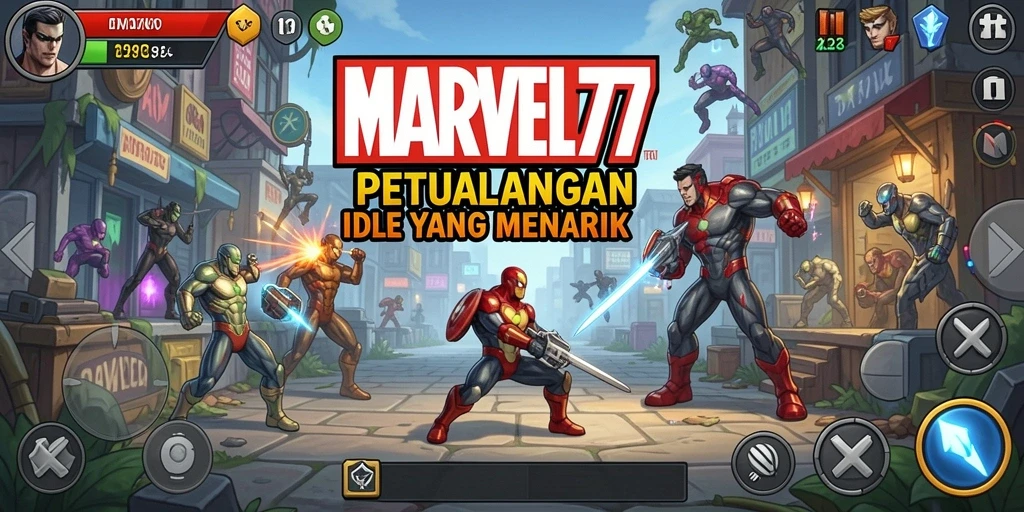 Screenshot menampilkan gameplay Idle dengan karakter Marvel beraksi.