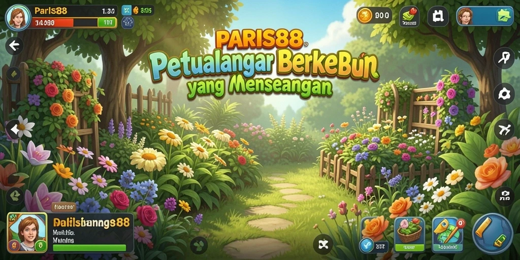 Tampilan permainan PARIS88 yang menampilkan kebun yang rimbun dan hasil pertanian.