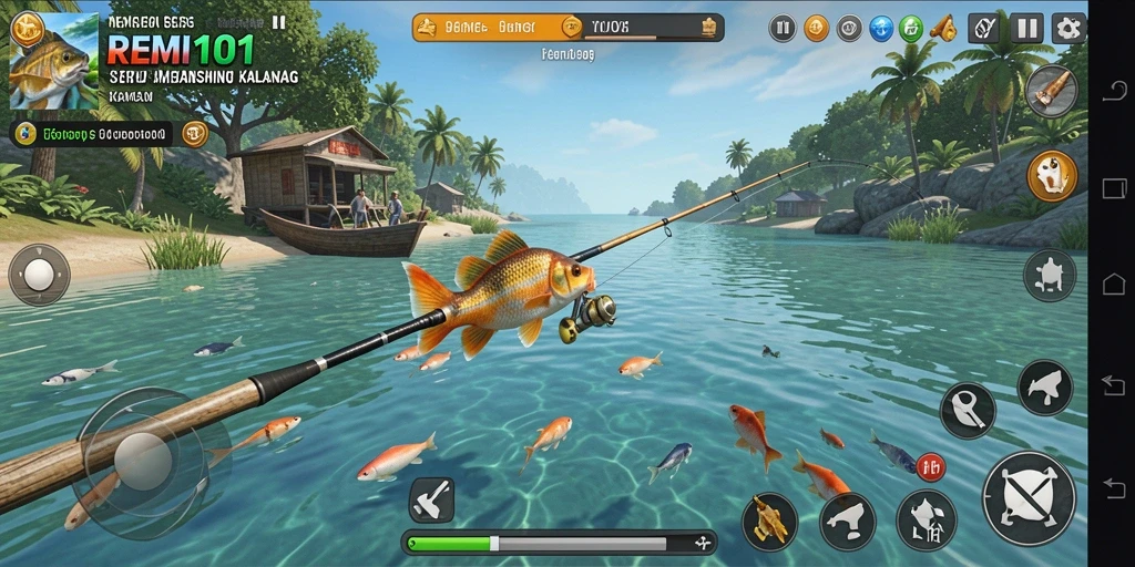 Screenshot REMI101 menampilkan aksi memancing yang seru dan grafis yang menawan.