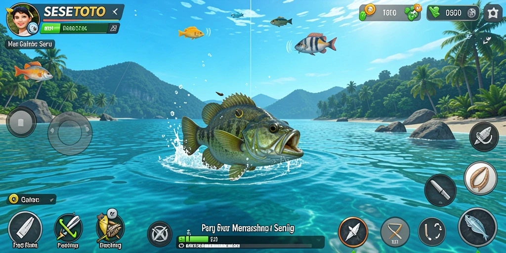 Screenshot utama SESETOTO yang menunjukkan gameplay seru memancing ikan.