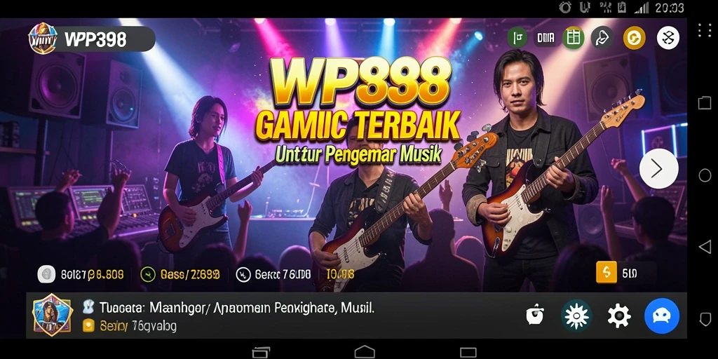 Screenshot utama WP888 menampilkan gameplay interaktif dengan musik yang energik.